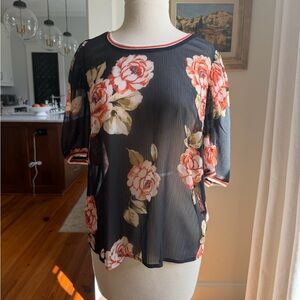 A New Day Floral Sheer Black Top